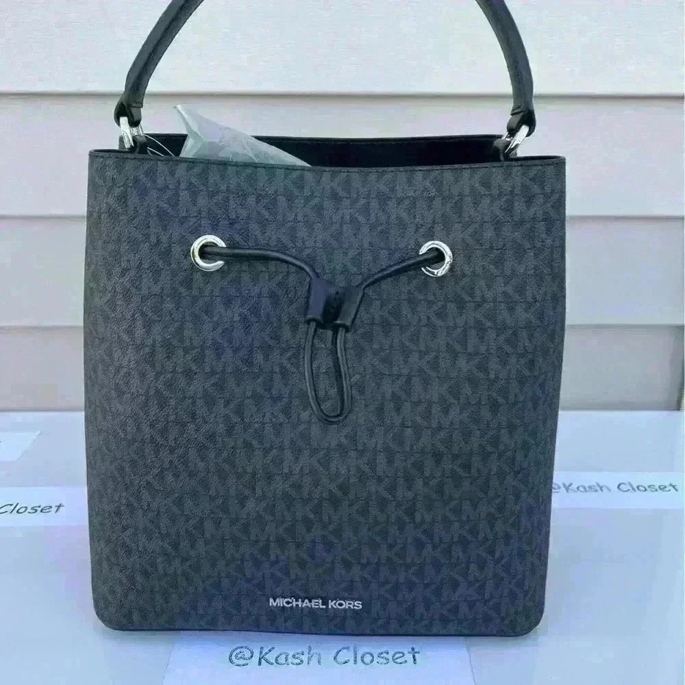Michael Kors Suri Bucket Bag Crossbody Large Handbag MK Signature Black